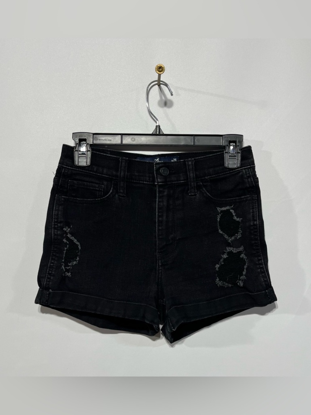 Hollister Soft Stretch High Rise Black Distressed Roll-Hem Jean Shorts Size 26